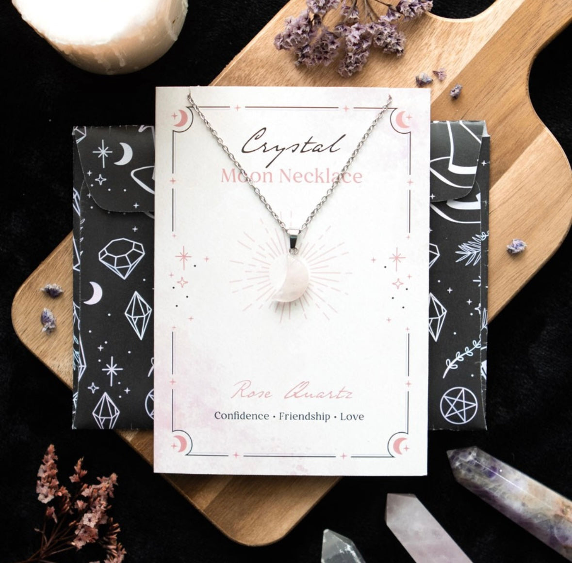 Collana con luna in Quarzo rosa